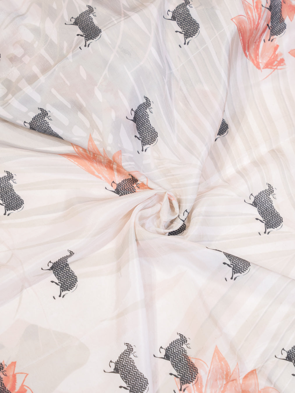 Pearl White Silk Chiffon Saree with Cow and Lotus Motifs