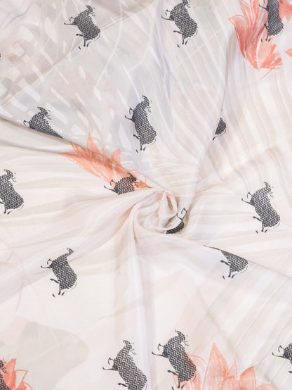 Pearl White Silk Chiffon Saree with Cow and Lotus Motifs