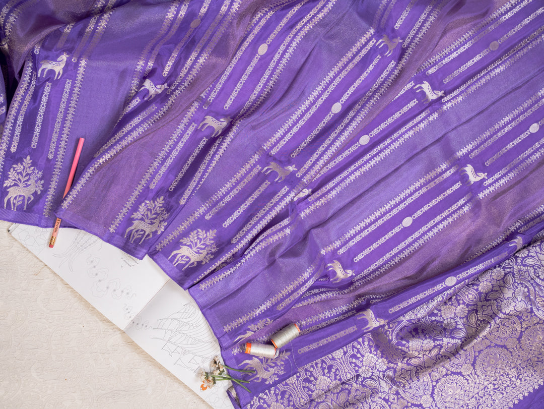 Purple and Silver Handwoven Banarasi Katan Silk Saree with Geometric Pallu