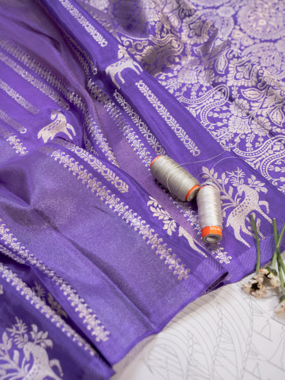 Purple and Silver Handwoven Banarasi Katan Silk Saree with Geometric Pallu