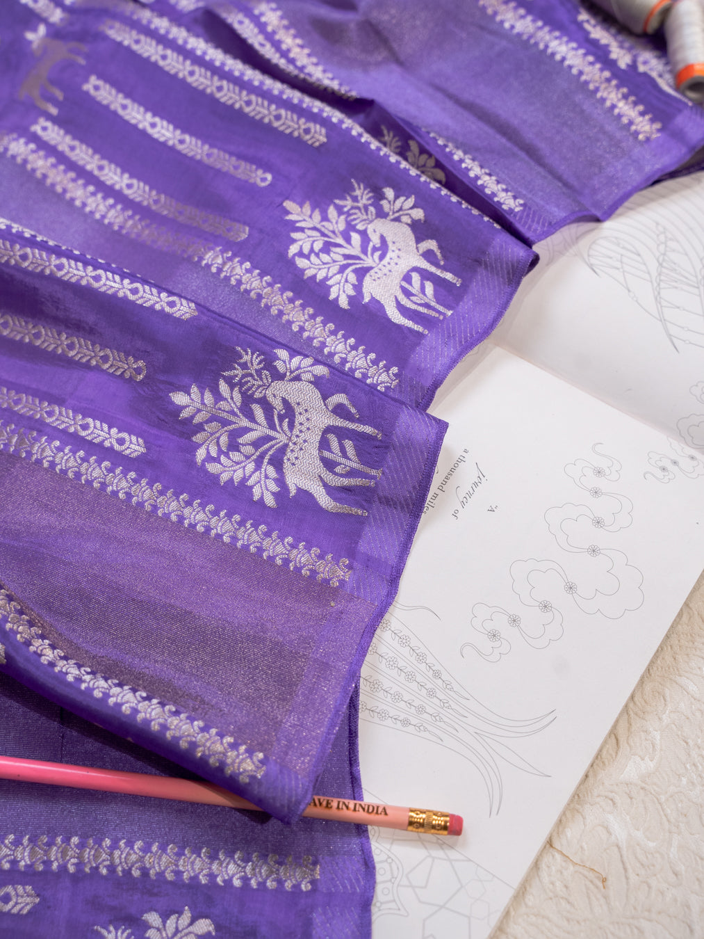 Purple and Silver Handwoven Banarasi Katan Silk Saree with Geometric Pallu