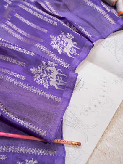 Purple and Silver Handwoven Banarasi Katan Silk Saree with Geometric Pallu