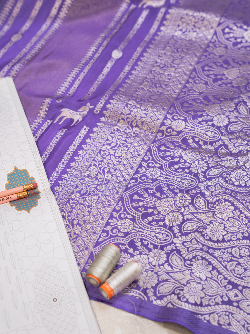 Purple and Silver Handwoven Banarasi Katan Silk Saree with Geometric Pallu