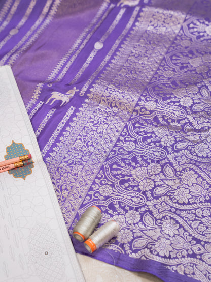 Purple and Silver Handwoven Banarasi Katan Silk Saree with Geometric Pallu