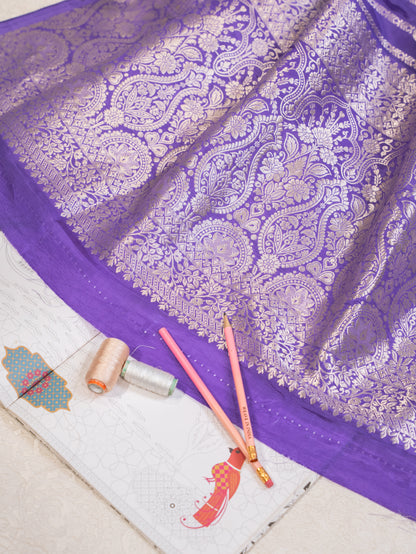 Purple and Silver Handwoven Banarasi Katan Silk Saree with Geometric Pallu