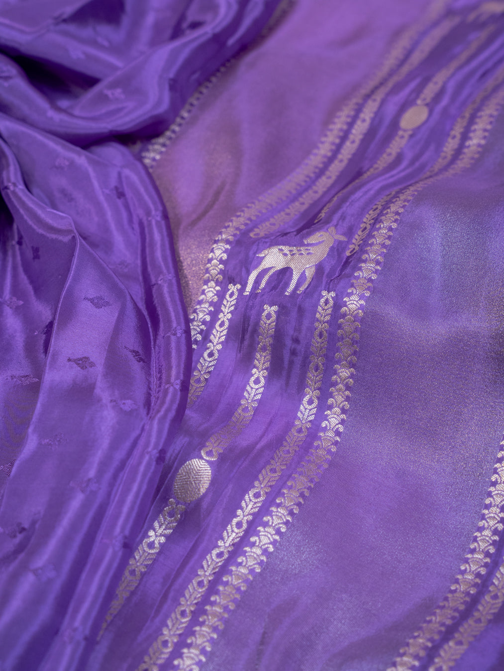 Purple and Silver Handwoven Banarasi Katan Silk Saree with Geometric Pallu