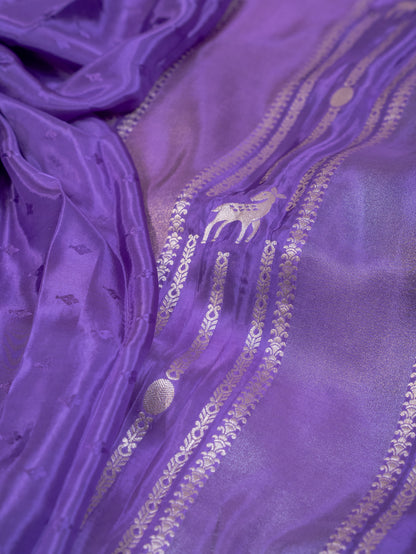 Purple and Silver Handwoven Banarasi Katan Silk Saree with Geometric Pallu