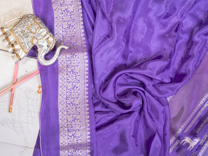 Purple and Silver Handwoven Banarasi Katan Silk Saree with Geometric Pallu