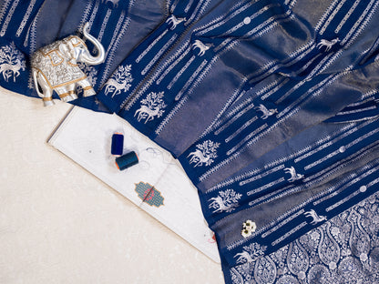 Midnight Blue Handwoven Banarasi Deer Motif Pure Silk Tissue Saree