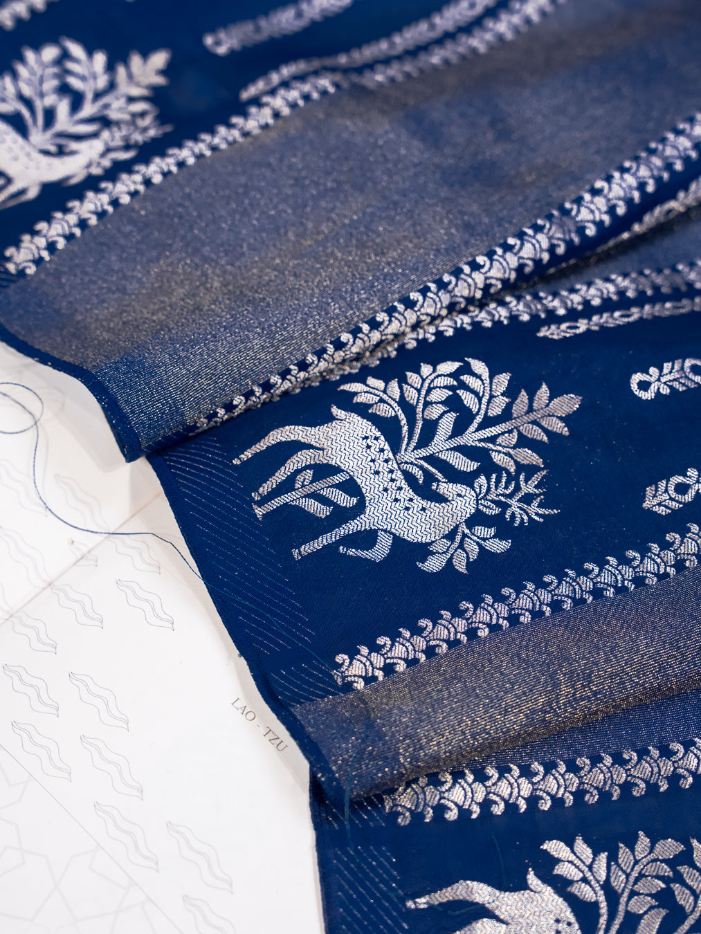 Midnight Blue Handwoven Banarasi Deer Motif Pure Silk Tissue Saree