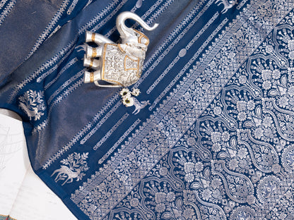 Midnight Blue Handwoven Banarasi Deer Motif Pure Silk Tissue Saree