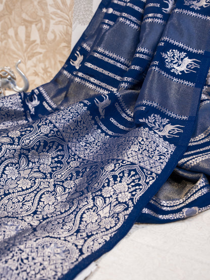 Midnight Blue Handwoven Banarasi Deer Motif Pure Silk Tissue Saree