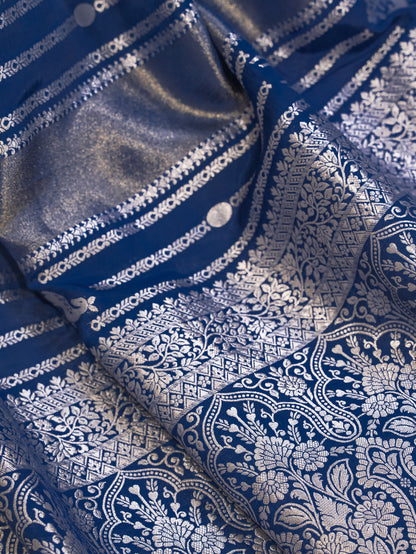 Midnight Blue Handwoven Banarasi Deer Motif Pure Silk Tissue Saree