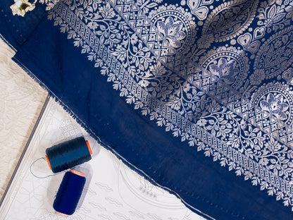 Midnight Blue Handwoven Banarasi Deer Motif Pure Silk Tissue Saree