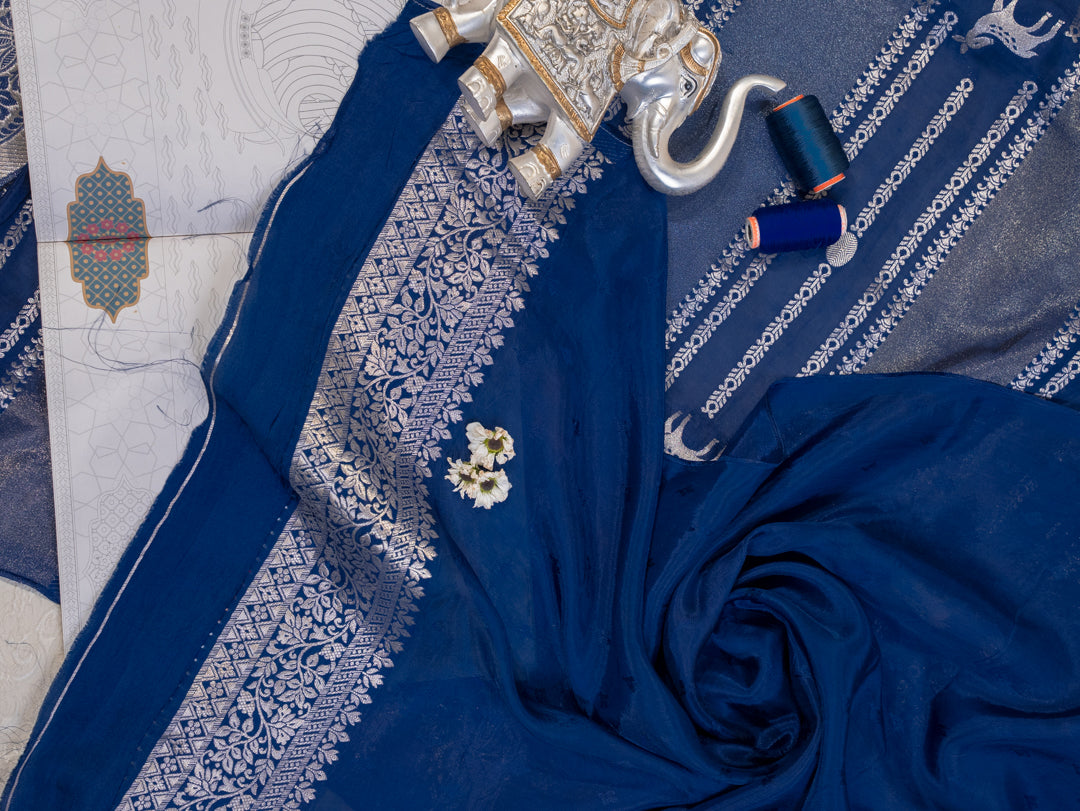 Midnight Blue Handwoven Banarasi Deer Motif Pure Silk Tissue Saree