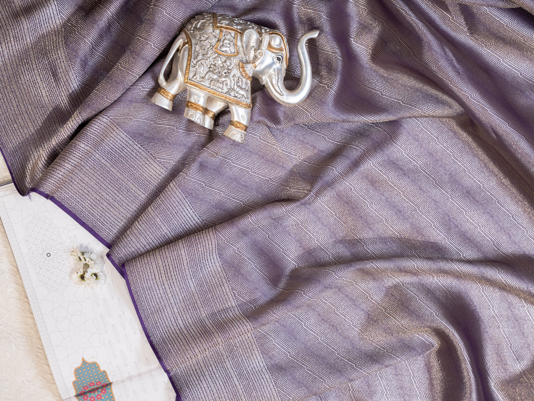 Purple and Silver Handwoven Banarasi Katan Silk Saree with Geometric Pallu