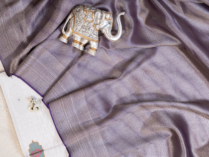 Purple and Silver Handwoven Banarasi Katan Silk Saree with Geometric Pallu