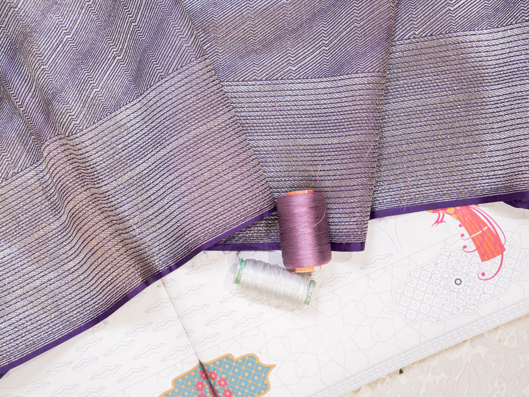 Purple and Silver Handwoven Banarasi Katan Silk Saree with Geometric Pallu