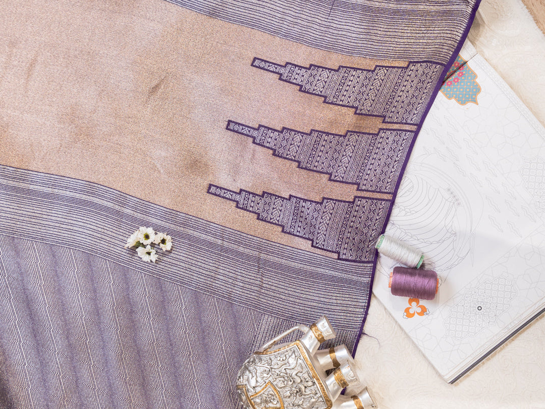 Purple and Silver Handwoven Banarasi Katan Silk Saree with Geometric Pallu