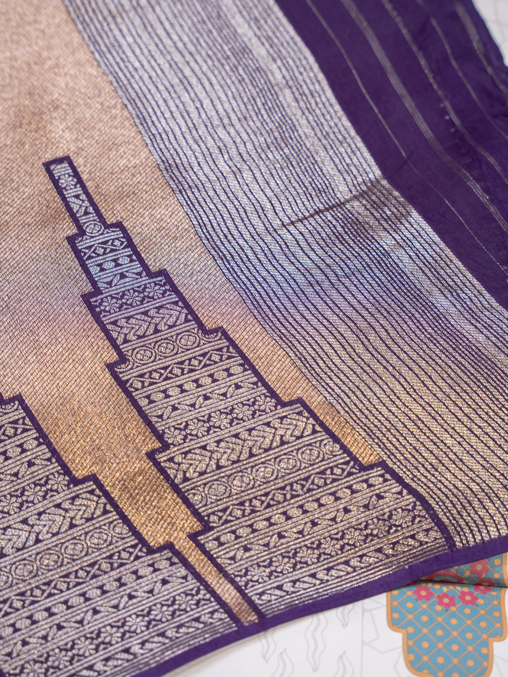 Purple and Silver Handwoven Banarasi Katan Silk Saree with Geometric Pallu