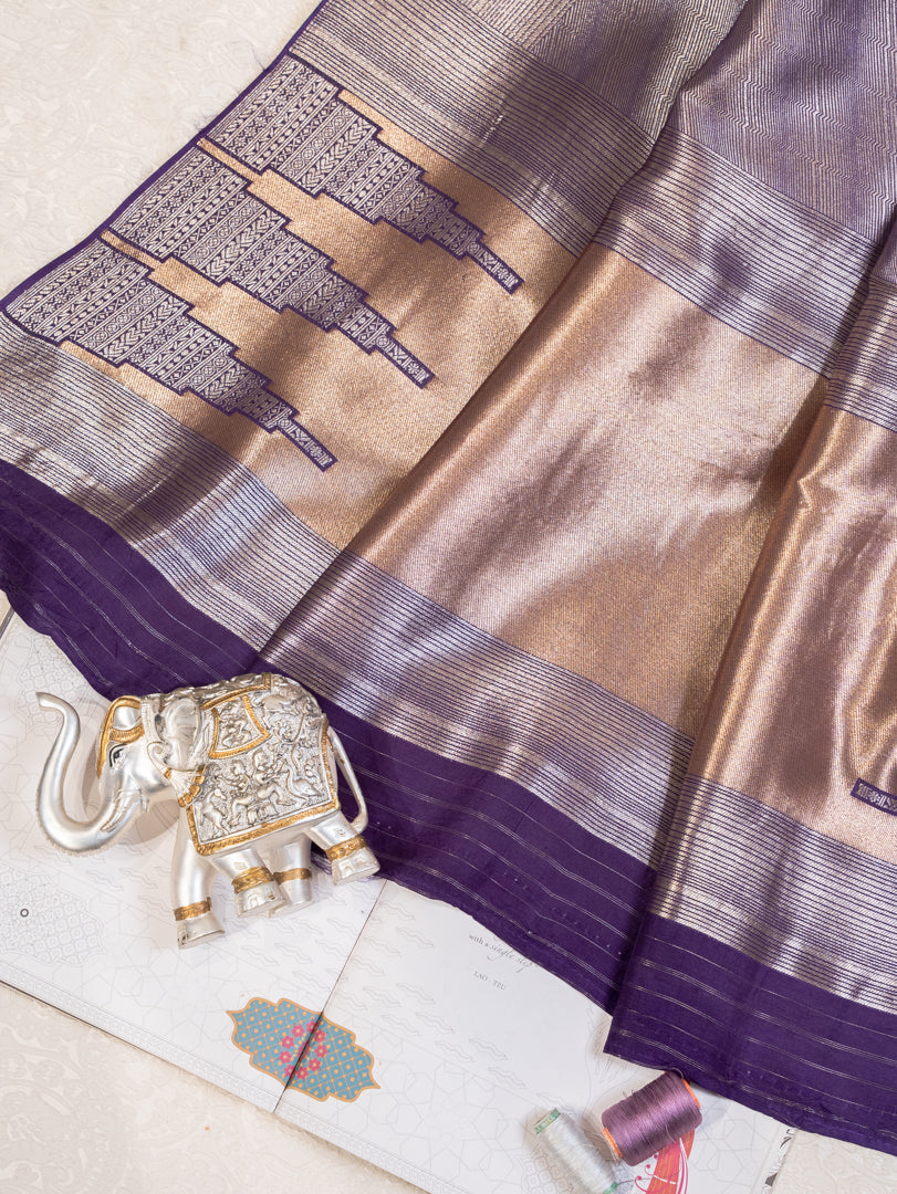 Purple and Silver Handwoven Banarasi Katan Silk Saree with Geometric Pallu