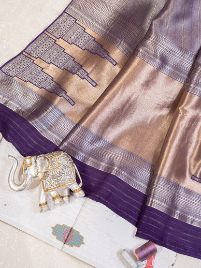 Purple and Silver Handwoven Banarasi Katan Silk Saree with Geometric Pallu