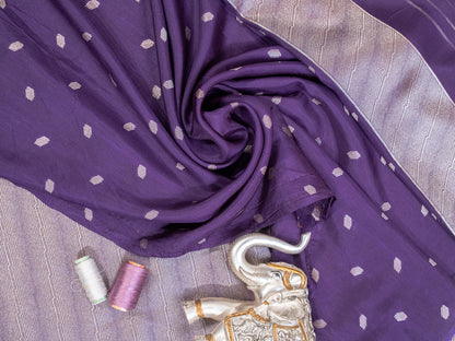 Purple and Silver Handwoven Banarasi Katan Silk Saree with Geometric Pallu