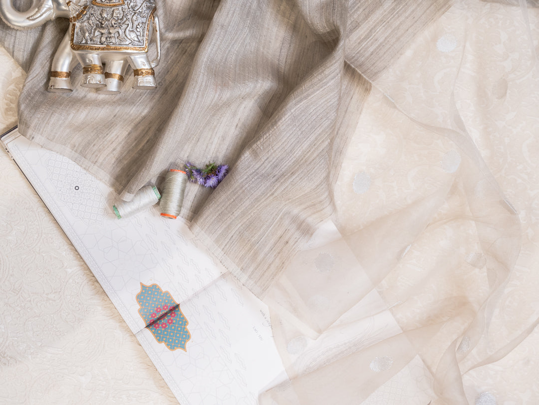 Light Grey Pure Tussar Silk Saree with Shells Pallu