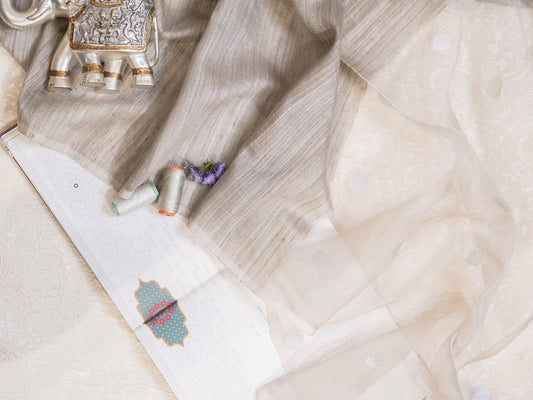 Light Grey Pure Tussar Silk Saree with Shells Pallu