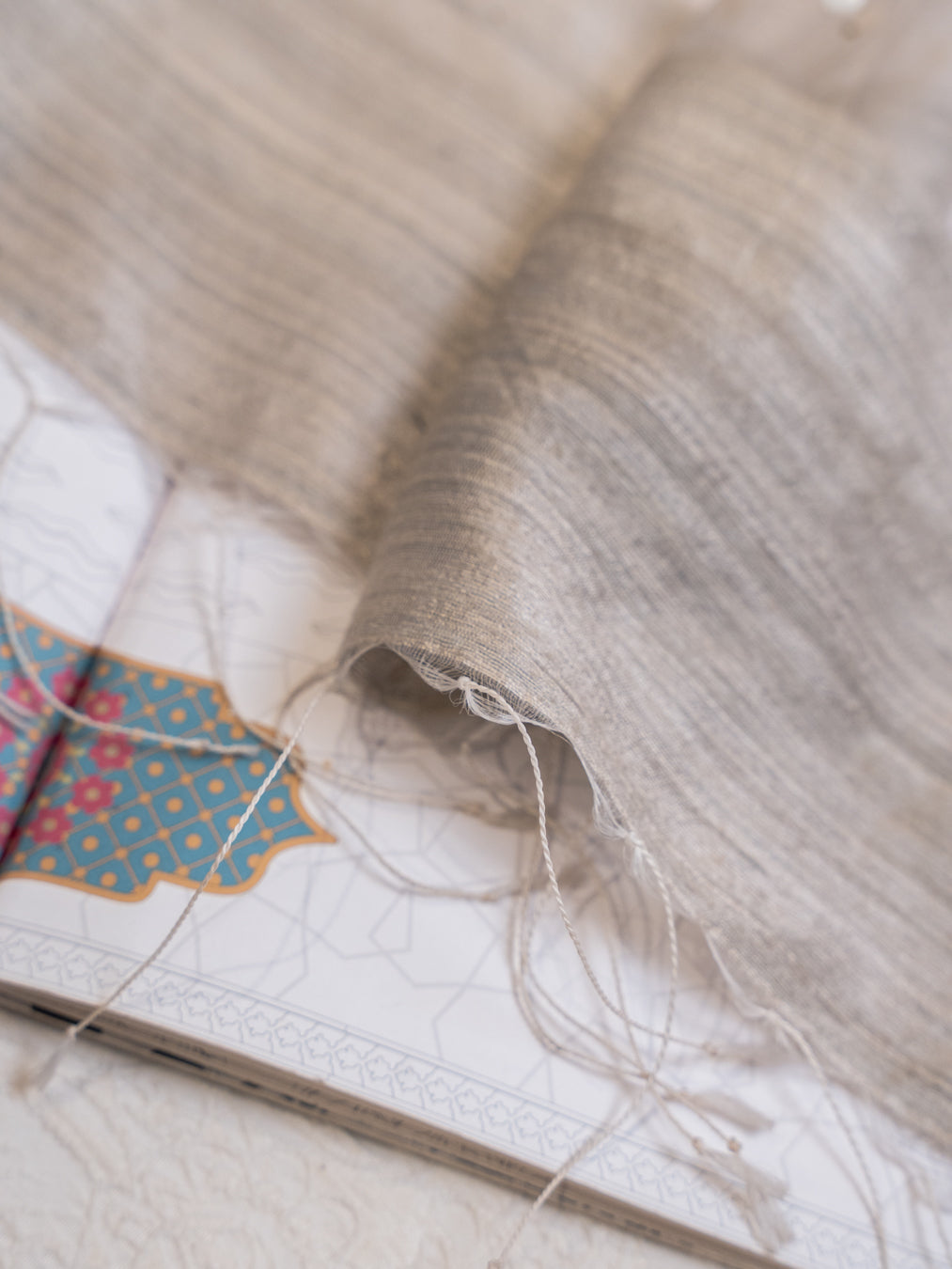 Light Grey Pure Tussar Silk Saree with Shells Pallu