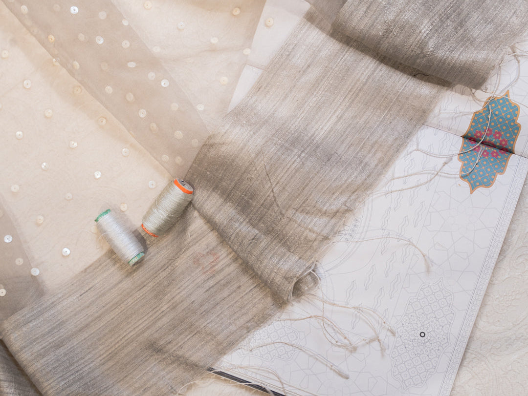 Light Grey Pure Tussar Silk Saree with Shells Pallu