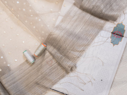 Light Grey Pure Tussar Silk Saree with Shells Pallu