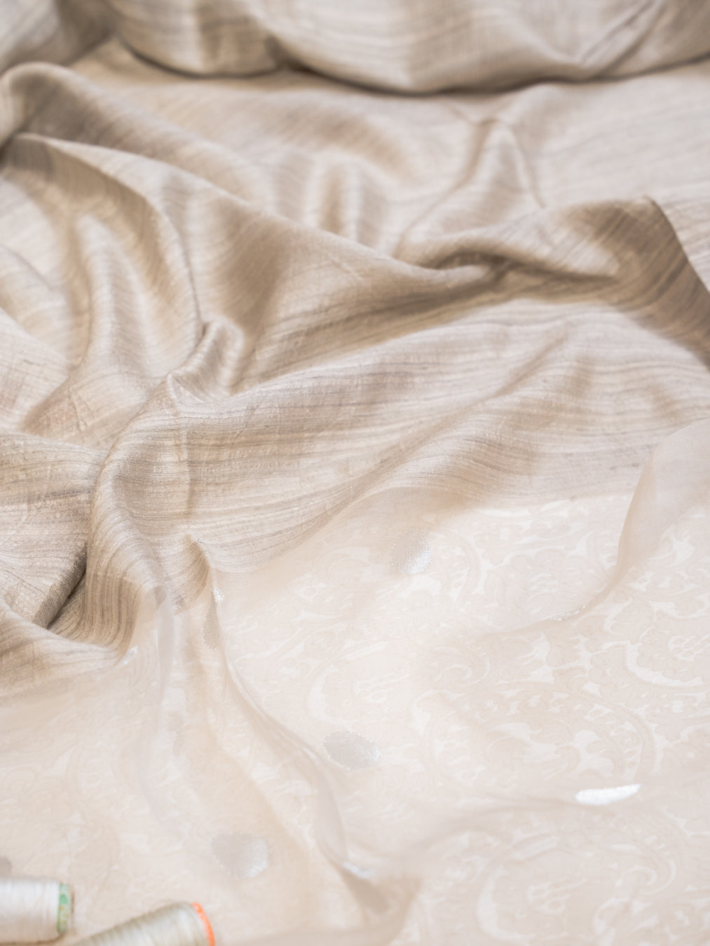 Light Grey Pure Tussar Silk Saree with Shells Pallu