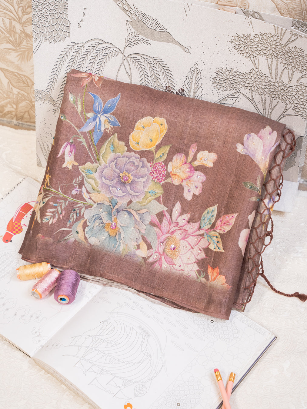 Coffee Colour Pure Tussar Silk Saree with Colourful Floral Motifs