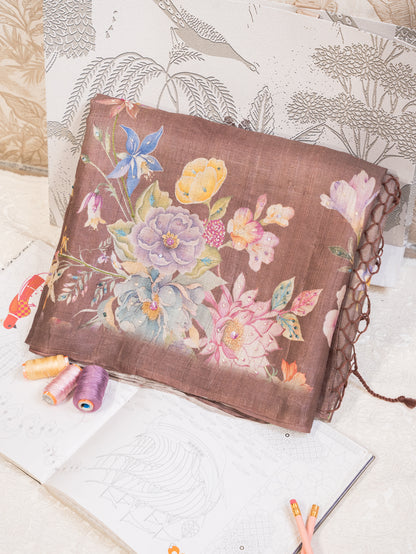 Coffee Colour Pure Tussar Silk Saree with Colourful Floral Motifs