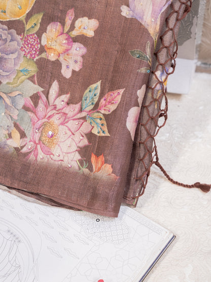 Coffee Colour Pure Tussar Silk Saree with Colourful Floral Motifs