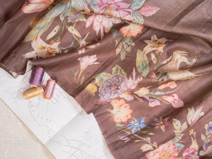 Coffee Colour Pure Tussar Silk Saree with Colourful Floral Motifs