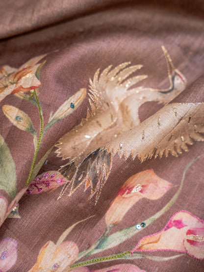 Coffee Colour Pure Tussar Silk Saree with Colourful Floral Motifs
