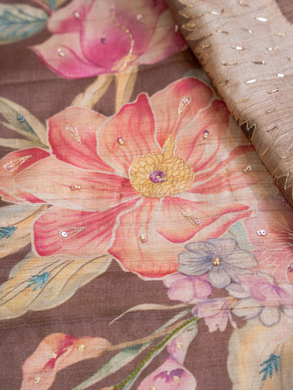 Coffee Colour Pure Tussar Silk Saree with Colourful Floral Motifs