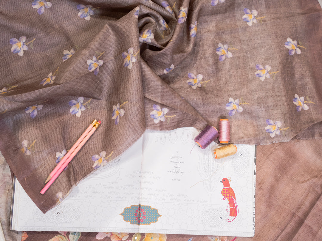 Coffee Colour Pure Tussar Silk Saree with Colourful Floral Motifs