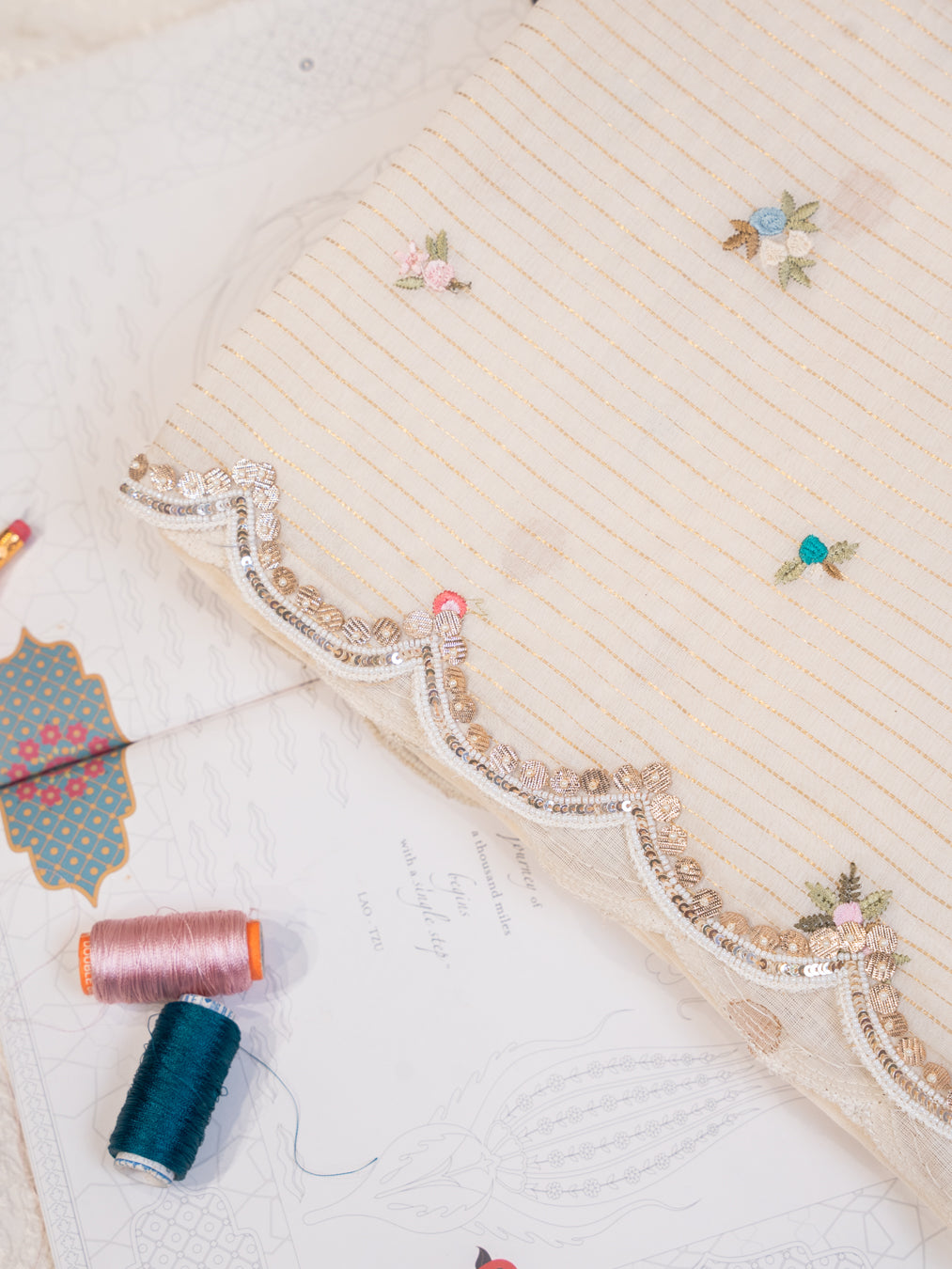Off White Cotton Saree with Floral Embroidery and Gota Patti Border