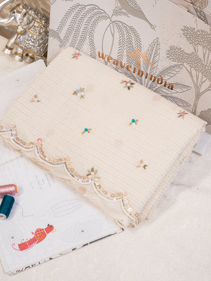 Off White Cotton Saree with Floral Embroidery and Gota Patti Border