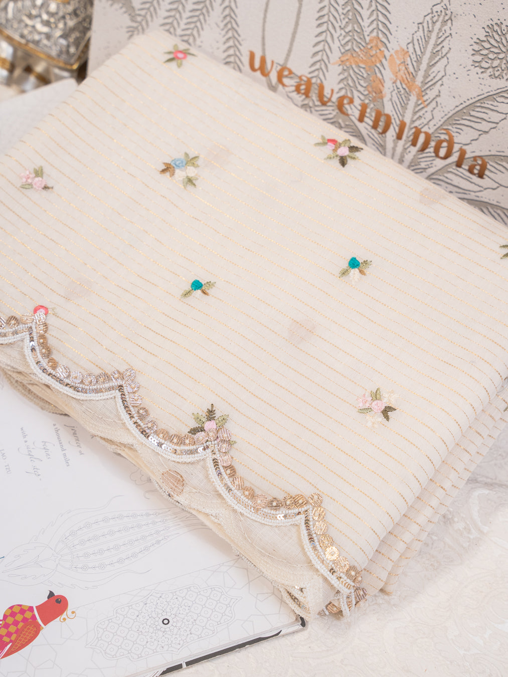 Off White Cotton Saree with Floral Embroidery and Gota Patti Border
