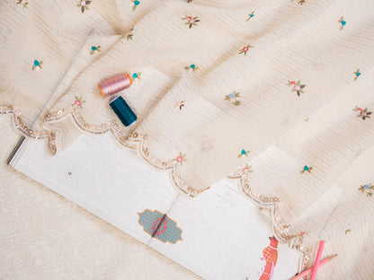Off White Cotton Saree with Floral Embroidery and Gota Patti Border