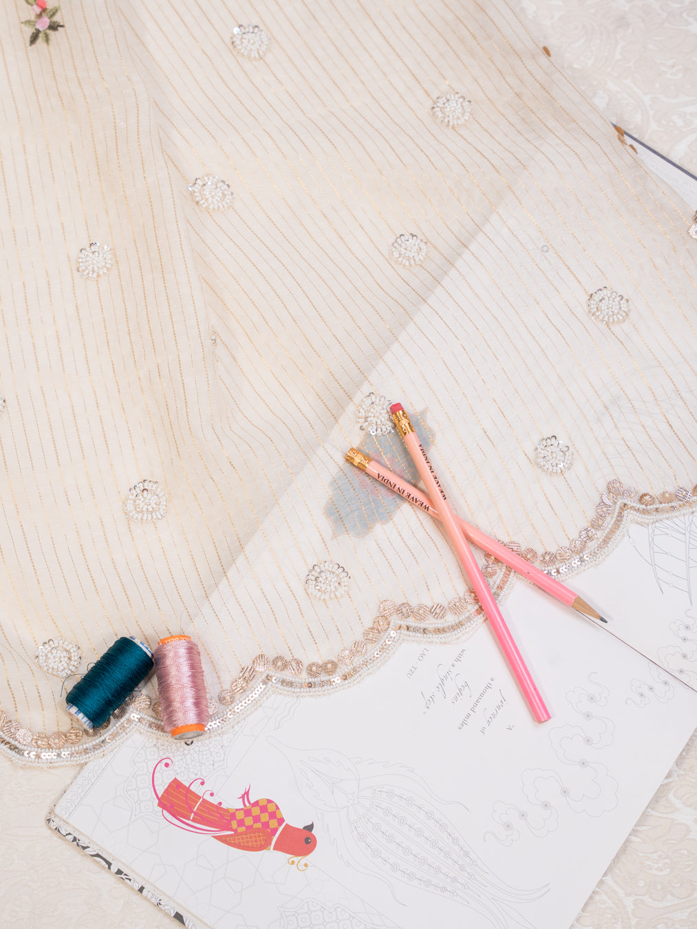 Off White Cotton Saree with Floral Embroidery and Gota Patti Border