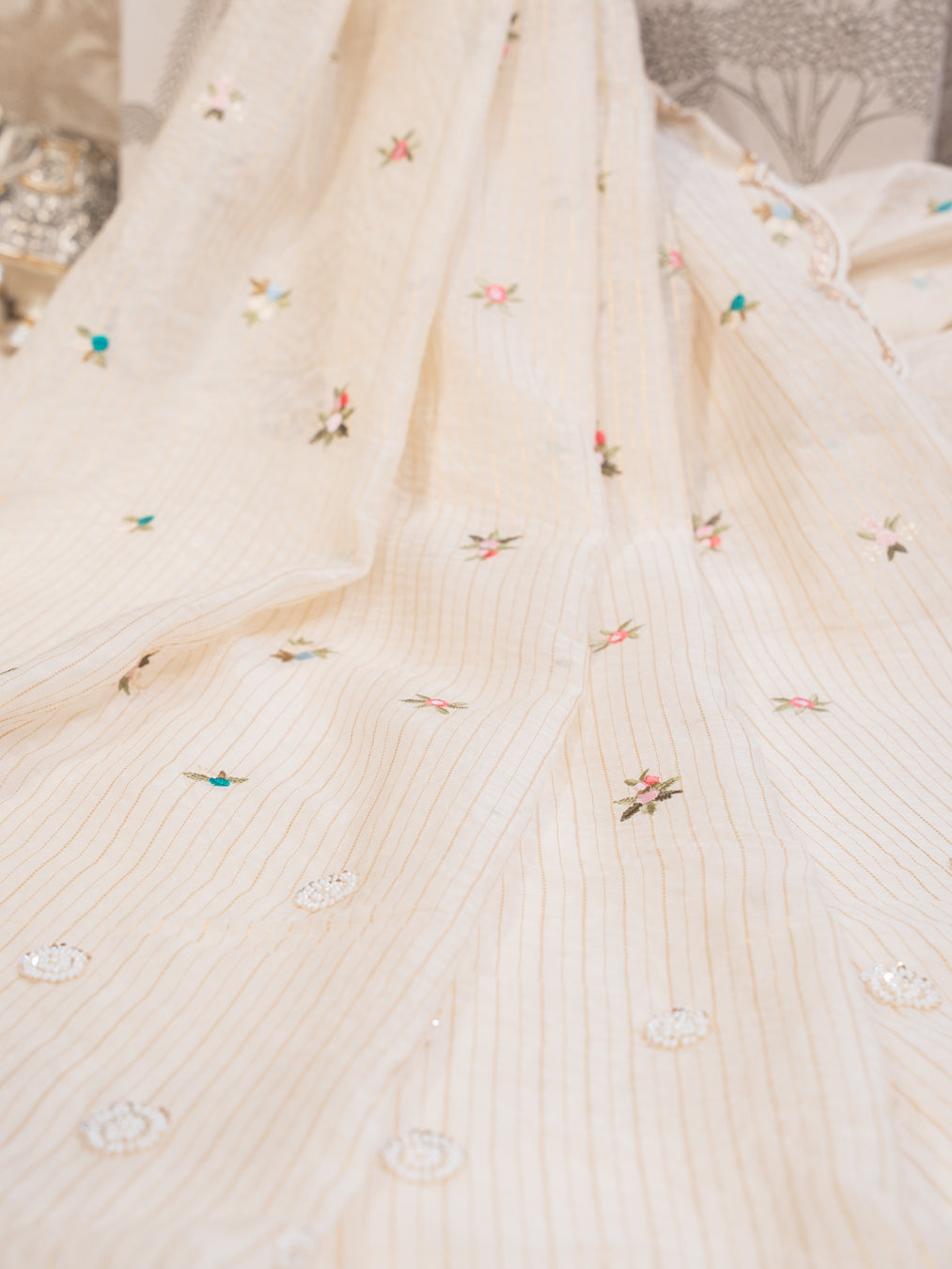 Off White Cotton Saree with Floral Embroidery and Gota Patti Border