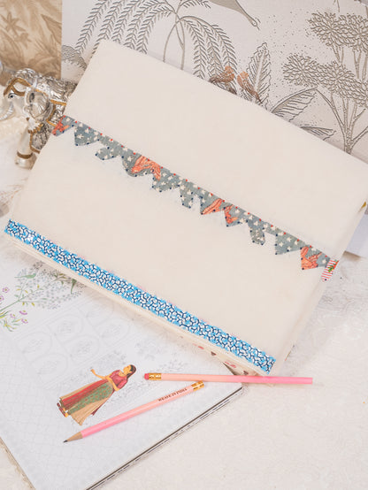 Off White Cotton Saree with Colourful Patchwork Stripes and Beaded Border