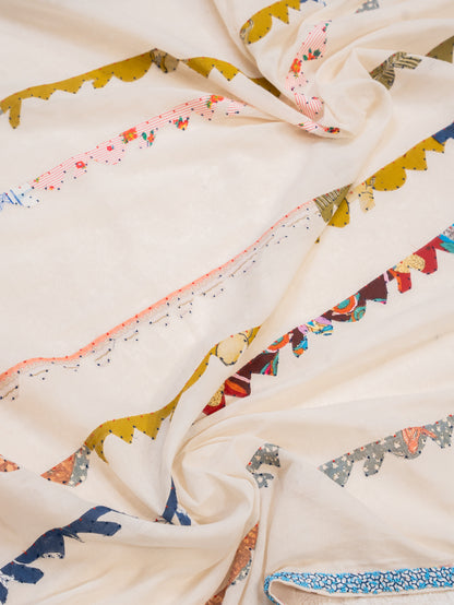 Off White Cotton Saree with Colourful Patchwork Stripes and Beaded Border