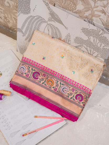 Ecru Silk Tissue Brocade Saree with Ashavali Border