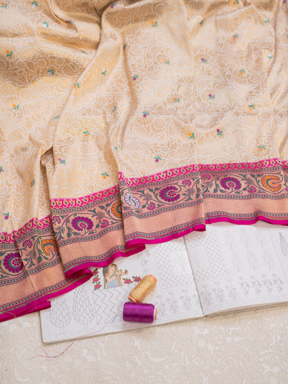 Ecru Silk Tissue Brocade Saree with Ashavali Border